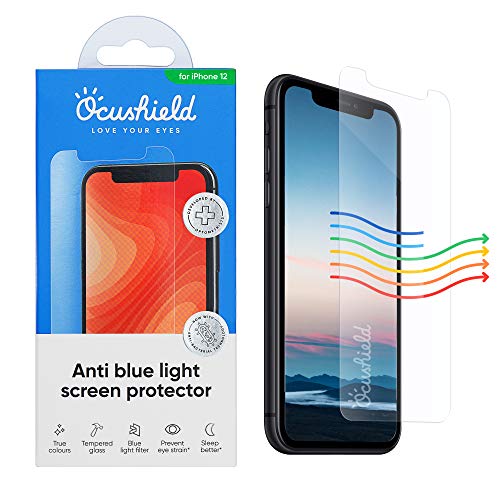 Ocushield Anti Blue Light Tempered Glass Screen Protector of iPhone 12 Pro Max (6.7") – Blocks Blue Light, Prevents Eye Strain & Helps You Sleep Better, 9H Hardness & Case Friendly - size: iPhone 12 Pro Max (6.7")