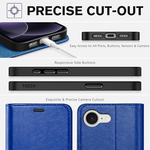 TUCCH Wallet Case for iPhone 17e & iPhone 16e 6.1", Flip Stand, Klein Blue | RFID Blocking, 4 Card Holders, Kickstand, PU Leather, Shockproof TPU Shell, Magnetic Closure, Protective Folio Cover - color: Klein Blue - Textured