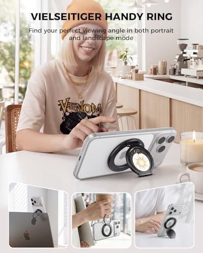 SUPERONE Upgraded Magnetic Phone Grip Sun, Removable Gym MagSafe Kickstand, Dual-Sided Magnet Phone Ring Holder for iPhone 17/16/15/14/13/12, Compatible with Magnetic Car Mount- Sun and Moon Pattern - color: BK-Sun