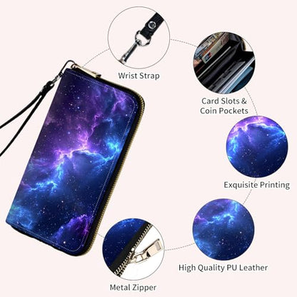 Ladies Wallet,Clutch Purses for Women Wallets Leather Credit Card Holder for Women Wristlet Slim Small Cute with Zipper,Thin RFID Blocking with Wrist Strap,Blue Purple Galaxy - color: Blue Purple Galaxy