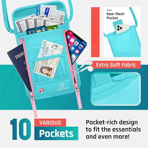 Neck Wallet, Travel Pouch For Passport Holder And Documents, Travel Neck Wallet For Traveling Women - color: Azure / Pink