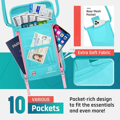 Neck Wallet, Travel Pouch For Passport Holder And Documents, Travel Neck Wallet For Traveling Women - color: Azure / Pink