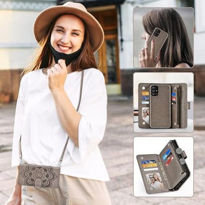 Asuwish Phone Case for Samsung Galaxy A71 5G Zipper Wallet Magnetic Detachable Cell Cover with Tempered Glass Screen Protector Crossbody Strap Flower Card Holder Slot A 71 G5 71A S71 Women Girls Gray - color: Gray