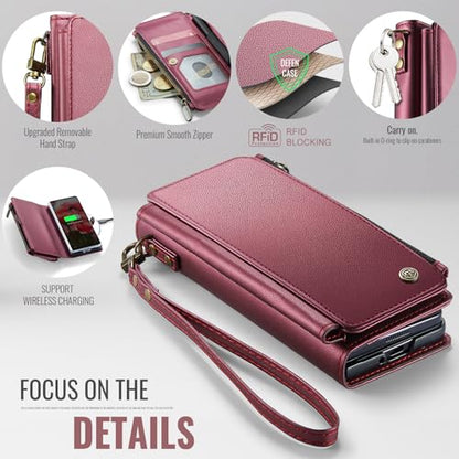 Defencase for Samsung Galaxy Z Fold 6 Wallet Case with Card Holder, WineRed | Durable Soft PU Leather, RFID Blcking Zipper Pocket, with S-Pen Holder & Strap, Flip Phone Cases with Stand for Women Men - color: Wine Red