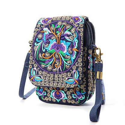 SILKAREA Embroidered Cute Mini Crossbody Bag for Women Small Handbags Wristlet Wallet Bag Cell-phone Pouch Coin Purse - color: Blue + Flower-small