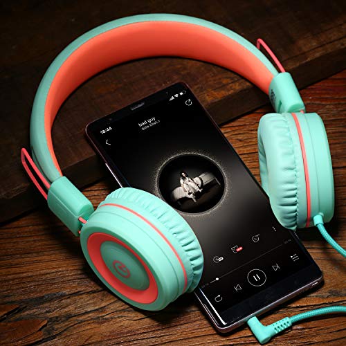 noot products K11 Kids Headphones Wired 3.5mm Jack Tangle-Free Mint/Coral - color: Mint