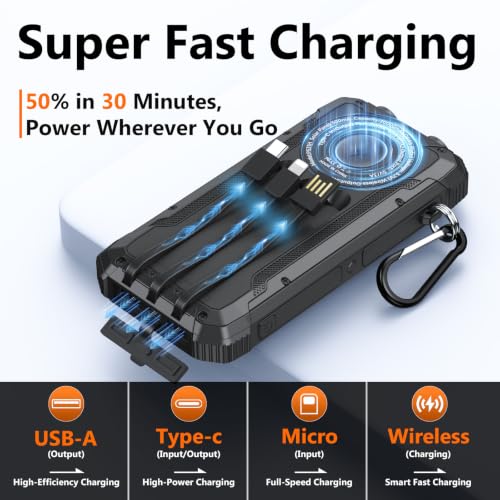 Solar Charger Power Bank 20000mAh, Wireless Fast Charging Battery Pack with 3 Built-in Cables & USB-C Input, Dual LED Flashlights, Portable Phone Charger for Camping, Travel & Emergency Use (Black) - color: Black