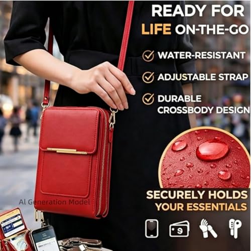 Women's Touch Screen Mobile Phone Messenger Bag,Anti-Theft Mobile Leather Bag,Leather Waterproof Crossbody Wallet Purse - color: Dark Pink