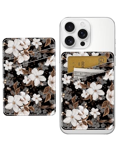 Phone Card Holder, Dual Pocket Leather Phone Wallet Adhesive Stick On, Cute Card Holder, Credit Card Holder for Phone Case Delicate White Flowers - color: Delicate White Flowers