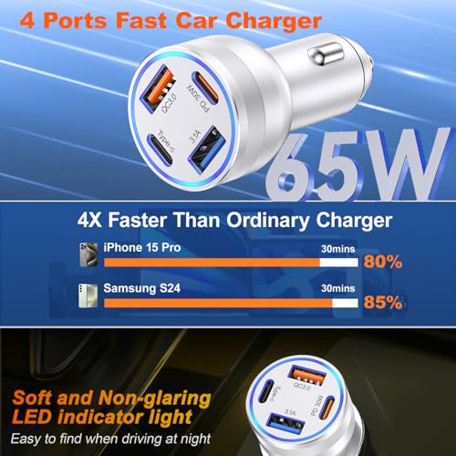 USB C Car Charger, 65W 4-Port Cigarette Lighter Adapter Car Phone Charger - color: Silver, size: 1 Pack