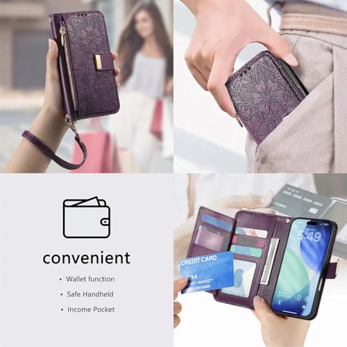 for iPhone 17 Phone Case Wallet, Purple | Built-in Card Holder (8-10 Cards), Zipper Pocket, Wrist Strap, Stand Kickstand, Flower PU Leather Protective Phone Case Women - color: Purple, size: iPhone 17