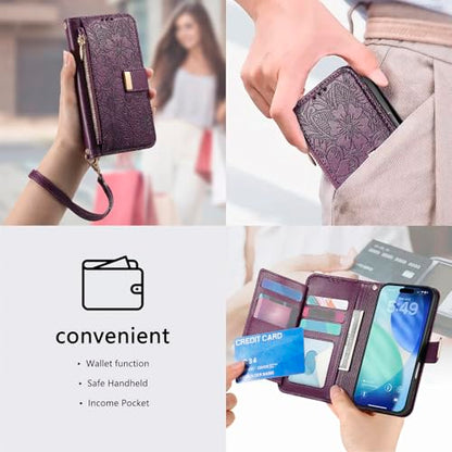 for iPhone 17 Pro Max Phone Case Wallet, Purple | Built-in Card Holder (8-10 Cards), Zipper Pocket, Wrist Strap, Stand Kickstand, Flower PU Leather Protective Phone Case Women - color: Purple, size: iPhone 17 Pro Max