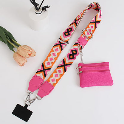 Phone Strap with Zippered Pouch, Clip and Go Strap for Phone with Wallet Crossbody, Adjustable Crossbody Phone Strap-3 - color: Bohemian Rose Red