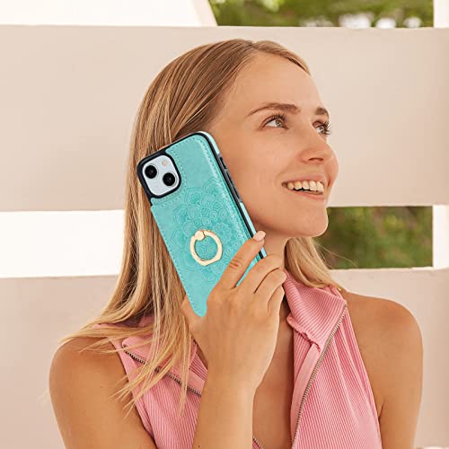 HAOPINSH for iPhone 13/ iPhone 14 Wallet Case with Card Holder, 360°Rotation Ring Kickstand, Green Mandala Pattern, RFID Blocking Leather for Girls Women, Double Buttons Flip Protective Cover 6.1" - color: Green Mandala