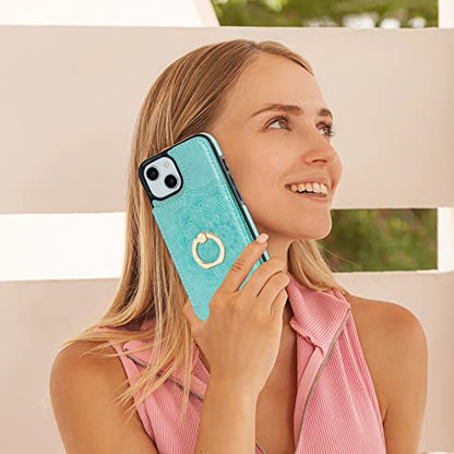 HAOPINSH for iPhone 13/ iPhone 14 Wallet Case with Card Holder, 360°Rotation Ring Kickstand, Green Mandala Pattern, RFID Blocking Leather for Girls Women, Double Buttons Flip Protective Cover 6.1" - color: Green Mandala