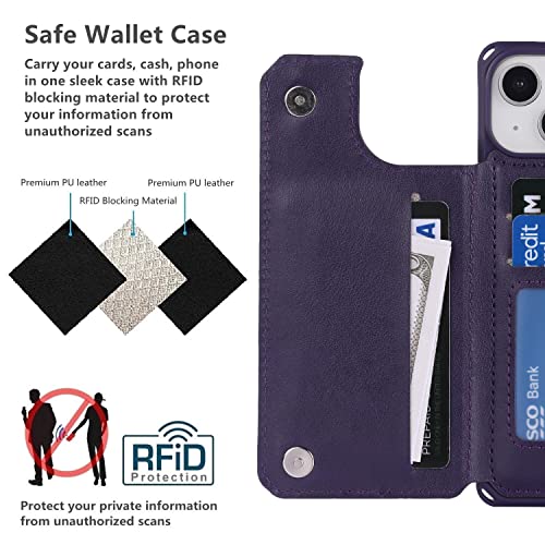 iCoverCase Compatible with iPhone 14 Wallet Phone Case with Card Holder for Women, RFID Blocking Embossed PU Leather Wrist Strap Case 6.1 Inch (Heart Dark Purple) - color: H-Dark Purple