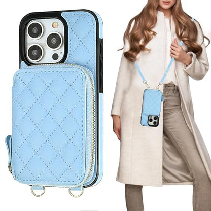 Bocasal Crossbody Wallet Case Card Holder for iPhone 15 Pro, Light Blue | RFID Blocking PU Leather Zipper Handbag Purse, Kickstand Flip Folio Case with Card Slots Holder Wrist Strap Lanyard 6.1 Inch - color: Blue