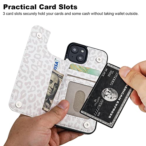 HAOPINSH for iPhone 14 Wallet Case with Card Holder, White Leopard Pattern Back Flip Folio PU Leather Kickstand Card Slots Case for Women Girls, Double Magnetic Clasp Shockproof Cover 6.1" - color: White Leopard