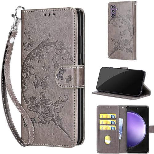 Wallet Case for Samsung Galaxy S23 FE, Gray Flower | Women Flip Folio Cover, Embossed PU Leather, Stand, Credit Card Holders Slots, Wrist Strap - color: 6