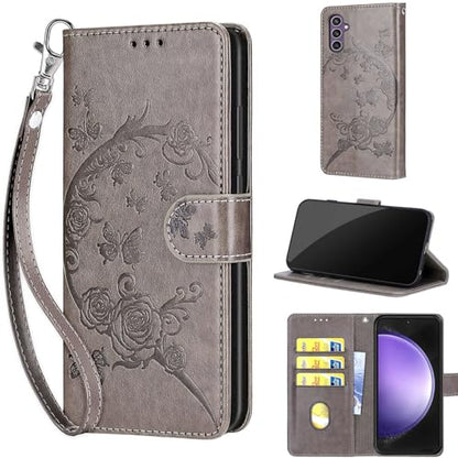 Wallet Case for Samsung Galaxy S23 FE, Gray Flower | Women Flip Folio Cover, Embossed PU Leather, Stand, Credit Card Holders Slots, Wrist Strap - color: 6