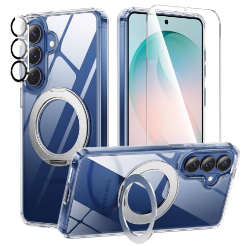360°Ring Stand for Samsung Galaxy S25 Plus Case with 1X Screen Protector +1X Camera Cover,Fit for MagSafe, Anti-Yellowing & Scratch-Resistant Back Phone Case for Galaxy S25 Plus 6.7", Clear - color: Clear Stand, size: for S25 Plus