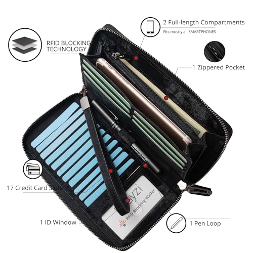 Bveyzi Women RFID Blocking Wallet Leather Zip Around Phone Clutch Large Capacity Ladies Travel Purse Wristlet - color: Midnight Black