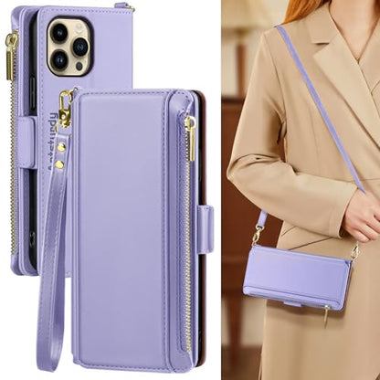Antsturdy Crossbody Phone Wallet Case for iPhone 13 Pro,Light Purple | RFID Blocking,PU Leather Flip Cover,Kickstand,with Credit Card Holder,Wrist Strap Lanyard & Handbag Purse,for Women & Men - color: (Crossbody) - Light Purple