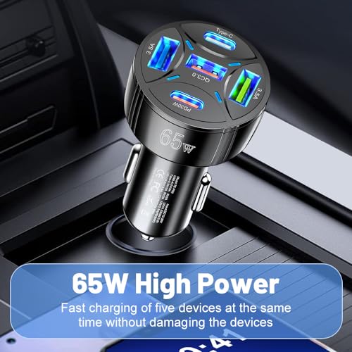 USB C Car Phone Charger Adapter 5 in 1 Multi Port PD30W &QC3.0 Super Fast Charging, 65W Cigarette Lighter USB Charger for iPhone/Android/Samsung/iPad Pro and More (White) - color: White
