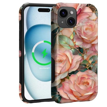 Case for iPhone 15 | Anti-Slip Side Handle| Bold Protective Design | Compatible with MagSafe | Stained Glass Pink Flower | - color: Stained Glass Pink Flower, size: iPhone 15