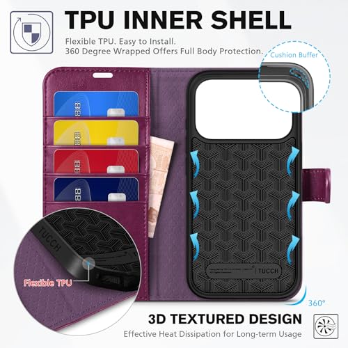 TUCCH Wallet Case for iPhone 17 Pro (6.3") 2025, 4 Card Slots, Plum Purple | RFID Blocking, Viewing Stand, Shockproof TPU Shell, PU Leather, Magnetic Closure, Protective Folio Flip Cover - color: Plum Purple