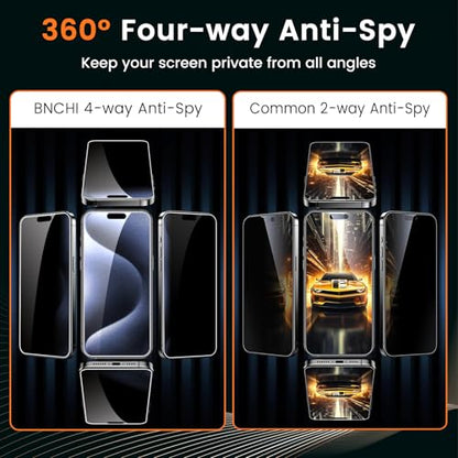 2 Pack 4 Way 360° Privacy Screen Protector for iPhone 15 Pro 6.1-Inches, Horizontal and Vertical All Around Anti-Spy 9H Tempered Glass Film, Scratch Resistant, Zero Bubbles, Face ID Sensitive - size: iPhone 15 Pro
