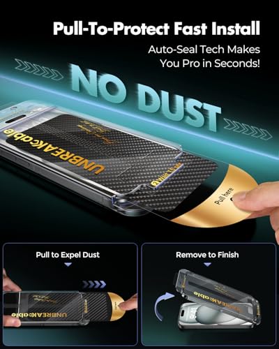 UNBREAKcable 3-Pack Screen Protector for iPhone 15 Plus,Tempered Glass | Shatterproof Glass,One Pull Perfection,Auto Dust Elimination,99.99% HD Clear,Bubble Free,Full Coverage for Apple 6.7 Inch - size: iPhone 15 Plus