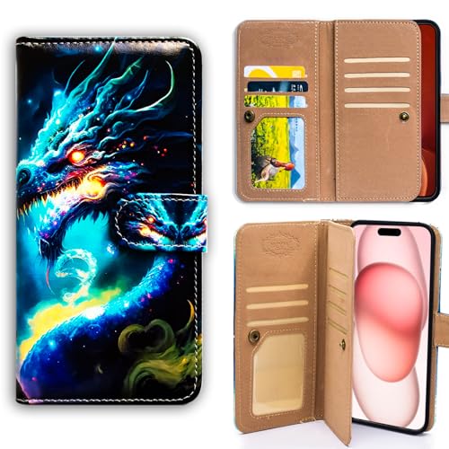 Bcov Case for iPhone 16,Blue Dragon Multifunction Leather Phone Case Wallet Flip Cover with Multi Card Slots Pocket Wrist Strap for Apple iPhone 16 - color: Blue Dragon