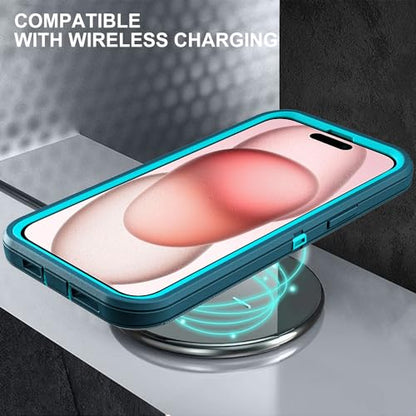 YKHJKLEC for iPhone 15 Case, Military Grade 3 in 1 Heavy Duty Shockproof/Drop Proof/Dust Proof Case with 2Pcs Tempered Glass Screen Protector (Blue/Turquoise) - color: Blue/Turquoise