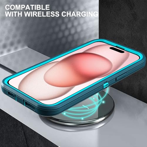 YKHJKLEC for iPhone 15 Case, Military Grade 3 in 1 Heavy Duty Shockproof/Drop Proof/Dust Proof Case with 2Pcs Tempered Glass Screen Protector (Blue/Turquoise) - color: Blue/Turquoise