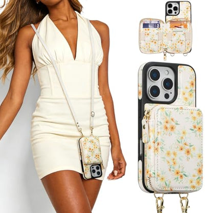 ZCDAYE Zipper Crossbody Wallet Case for iPhone 13 Pro Max, Sunflower | Flip Folio PU Leather, Practical Card Holder, Adjustable Lanyard Strap, RFID Blocking, Warm Sunflower Girly Phone Case - color: Sunflower, size: iPhone 13 Pro Max