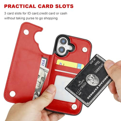 ONETOP for iPhone 17 Wallet Case with Credit Card Holder,Red | Kickstand,ID/Cash Holder,Case Wallet with Card Slots,Double Magnetic Clasp,Durable PU Leather Shockproof Cover for Women Men - color: Red