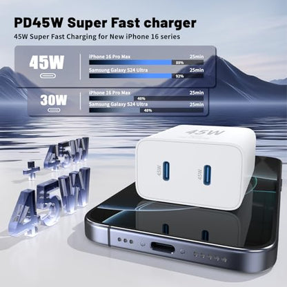 QZIIW iPhone 17 16 15 Pro Max Fast Charger,45W Dual Port USB C Fast Charger - color: White, size: 3FT+6FT+10FT+10FT