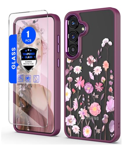 Crystal Clear Flower Pattern Case for Samsung Galaxy S26 FE-Floral | Girl Women Slim Soft TPU + Hard PC Military Grade Protective Phone Cover WithTempered Glass Screen Protector for S26 FE - color: S26 FE-Colorful
