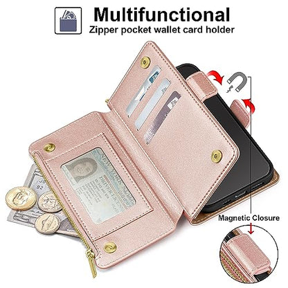 Antsturdy for iPhone 13 Pro Phone Wallet Case Women,Rose Gold | RFID Blocking,with Credit Card Holder Slots,PU Leather Purse,Zipper Pocket,Wrist Strap Kickstand,Flip Folio Cover for Men - color: Rose Gold
