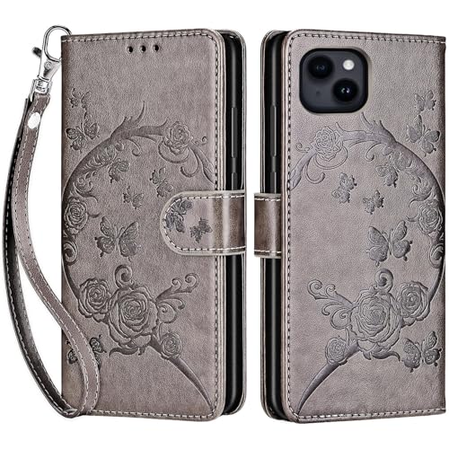 for iPhone 15 Plus Wallet case, Gray Flower | 3 Card Holders, Kickstand, Shockproof TPU Shell, PU Leather, Magnetic Closure, Protective Flip Folio Cover, Women - color: 9