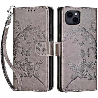 for iPhone 15 Plus Wallet case, Gray Flower | 3 Card Holders, Kickstand, Shockproof TPU Shell, PU Leather, Magnetic Closure, Protective Flip Folio Cover, Women - color: 9