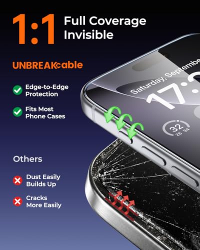UNBREAKcable iPhone 16 Pro Full-Coverage Screen Protector - 3 Pack | Quick-Install Box, Edge-to-Edge Coverage, 9H Hardness, Ultra HD Clarity, Daily Protection, Smooth Touch - size: iPhone 16 Pro