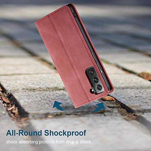 Samsung Galaxy S21 FE 5G Wallet Case with Card Holder RFID Blocking Kickstand Magnetic,Leather Flip Case Wallet for Samsung Galaxy S21 FE 5G 6.4 Inch (Wine Red) - color: Wine Red, size: S21 FE 6.4"