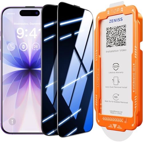 Zeniss NeverBreak 9H+ Hardness for iPhone 17 Privacy Screen Protector 12FT Military Grade Protection (Scratch, Shatter, Drop Resistance) Tempered Glass Full Coverage 6.3", 2 Pack with De-Bubble Card - size: iPhone 17