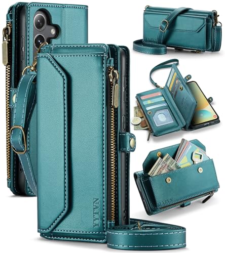 for Samsung Galaxy S24 FE Wallet Case with Card Holder, Green | RFID Blocking Slots, Crossbody Lanyard, Wrist Strap, Zipper Pocket Purse Handbag, Magnetic Closure - color: Green, size: Galxay S24 FE