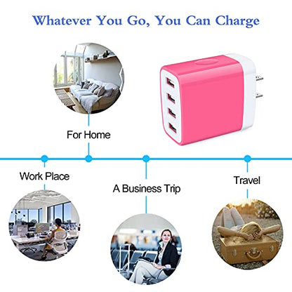 Charging Block, USB Plug, HOOTEK 4.8A 4-Muti Port USB Wall Charger Brick - color: rose-red