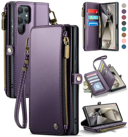 Defencase for Samsung Galaxy S24 Ultra Wallet Case with Card Holder, Purple | Durable PU Leather, with RFID Blocking Zipper Pocket, Wrist Strap, S24 Ultra Flip Phone Cases Cover with Stand for Women Men - color: Purple