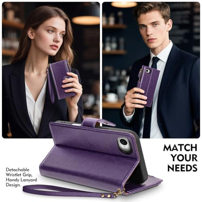 Compatible with iPhone 17e / 16e Wallet Case with Card Holder RFID Blocking Zipper Poket PU Leather Flip Phone Case with Wrist Strap Credit Card Slots Men Women,Dark Purple - color: Dark Purple