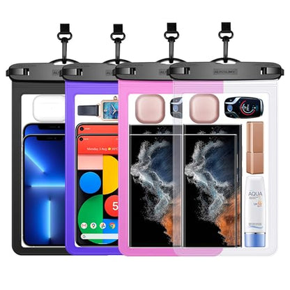 Large Waterproof Cell Phone Pouch - 4 Pack Underwater Clear Cellphone Holder Protector - Universal Water Proof Dry Bag Case with Neck Lanyard for Samsung Galaxy Note 20 for Beach Swimming Pool - color: Black+Clear+Purple+Magenta